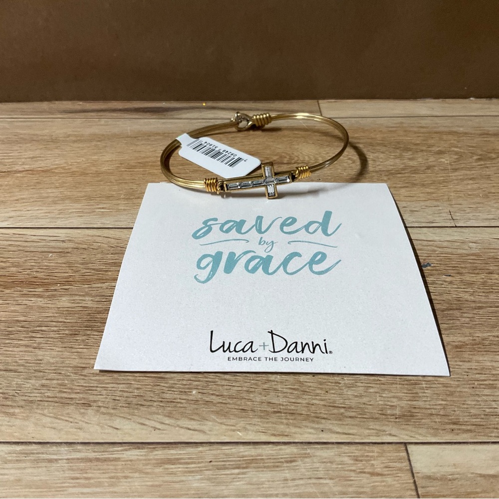 New! Luca + Danni Saved By Grace Bracelet Wire Bangle Gold Tone Cross Religious
